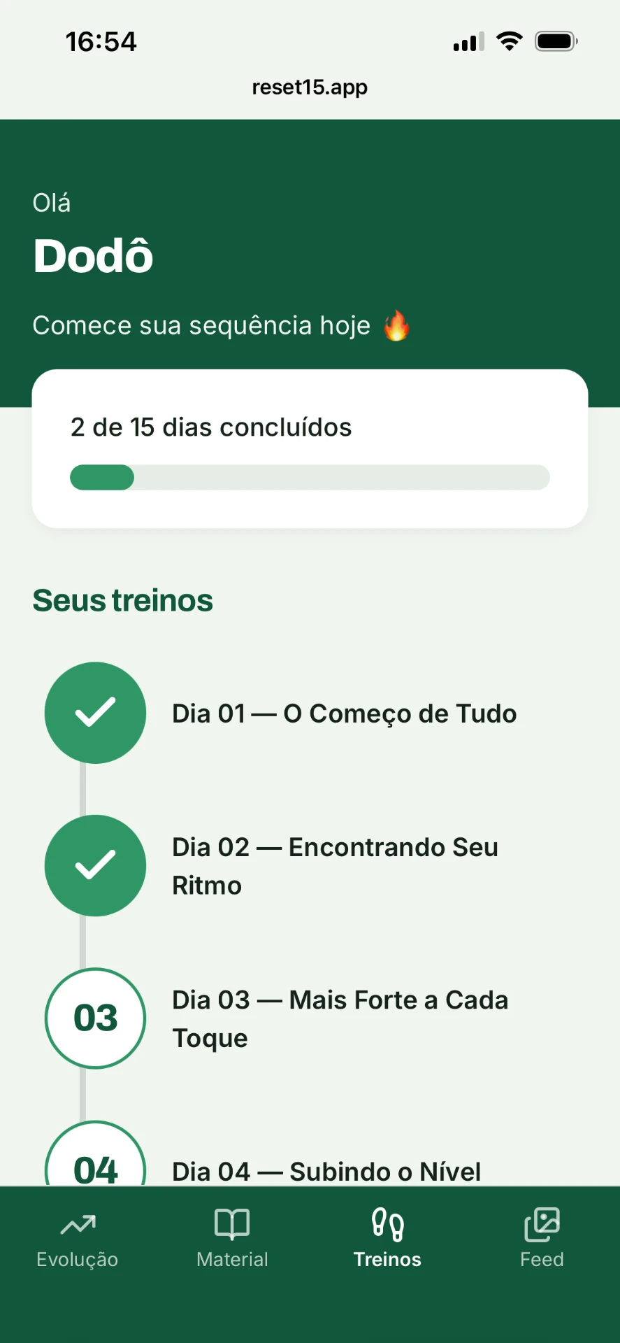 Jornada de treinos do aplicativo Reset 15