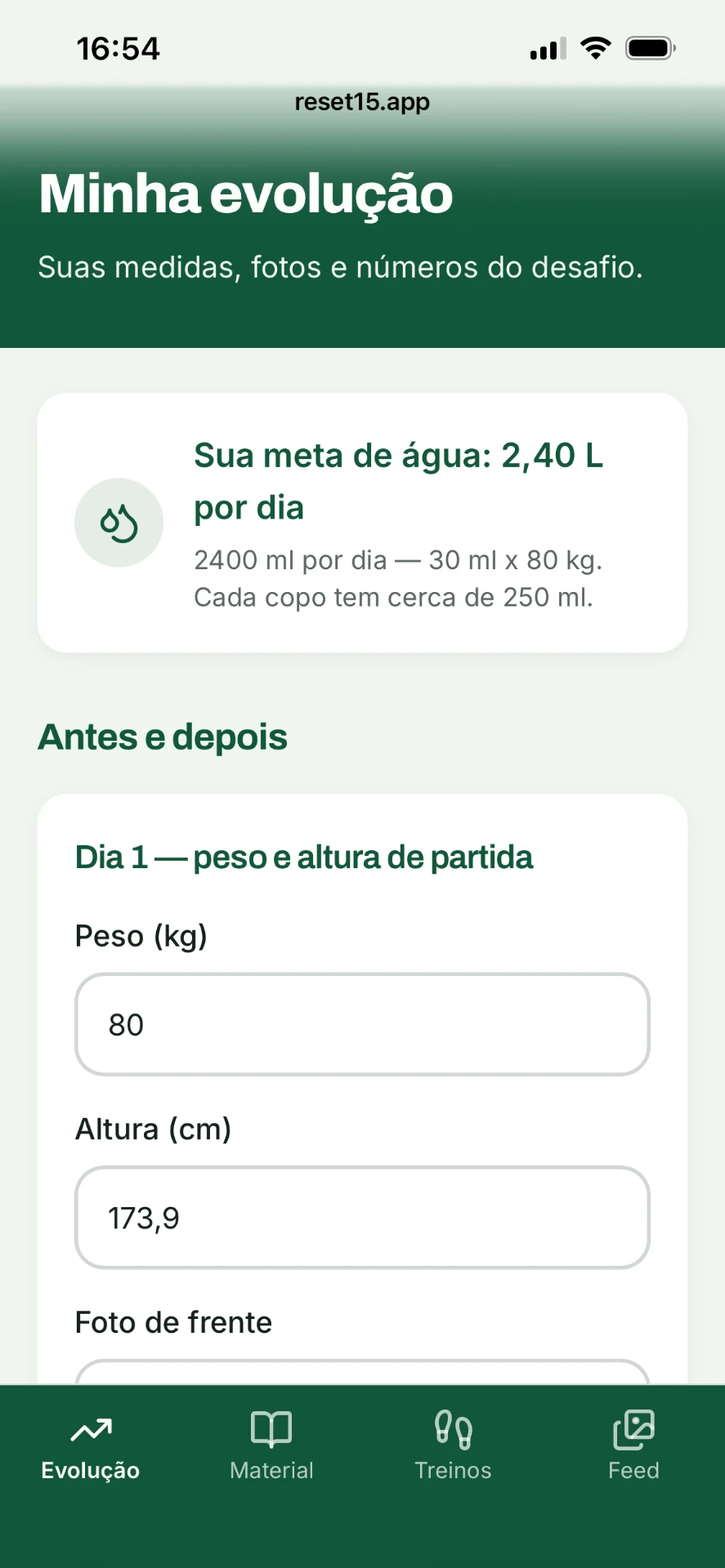 Tela Minha evolução do aplicativo Reset 15